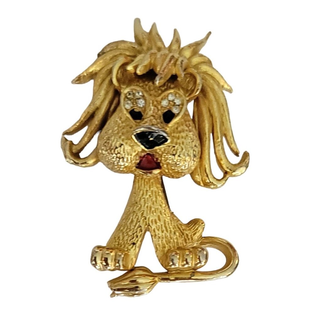 Sphinx Gold Tone Enamel Rhinestone Shaggy Lion Brooch, Numbered A1391 K31